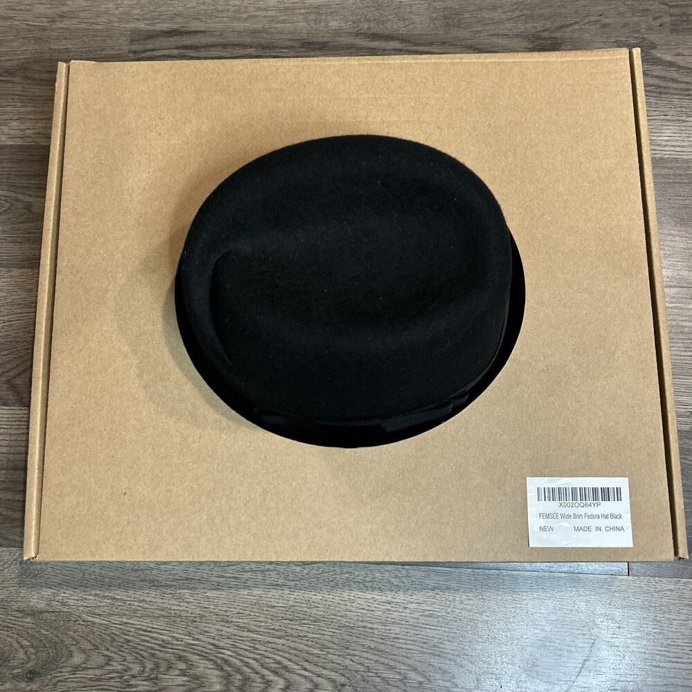 Women’s Femsee Fedora Black Wool Wide Brim Hat with Brush Size Medium - Picture 2 of 13